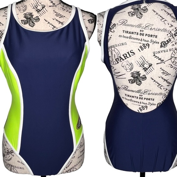 Vintage Jantzen One Piece Racerback Swim Suit Navy Blue Lime Green Retro Size 12 - Picture 1 of 11